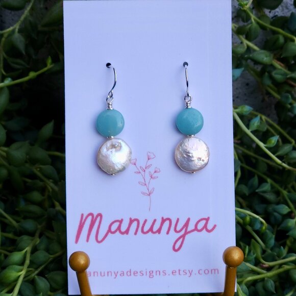 Coin Pearl Cuties - Semi-Precious Amazonite & Coin Pearl Earrings - Picture 1 of 6